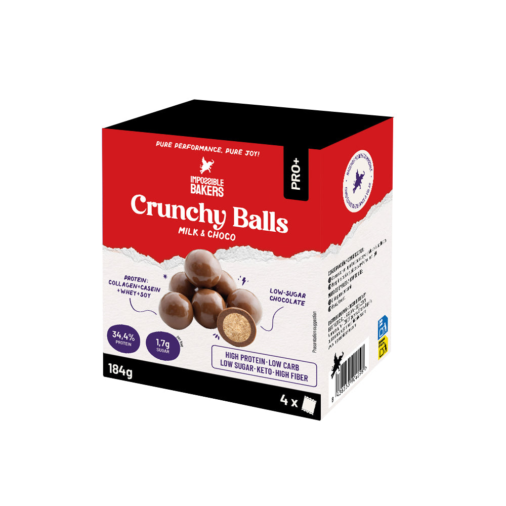 packaging de las crunchy balls de proteína y chocolate con leche sin azúcar